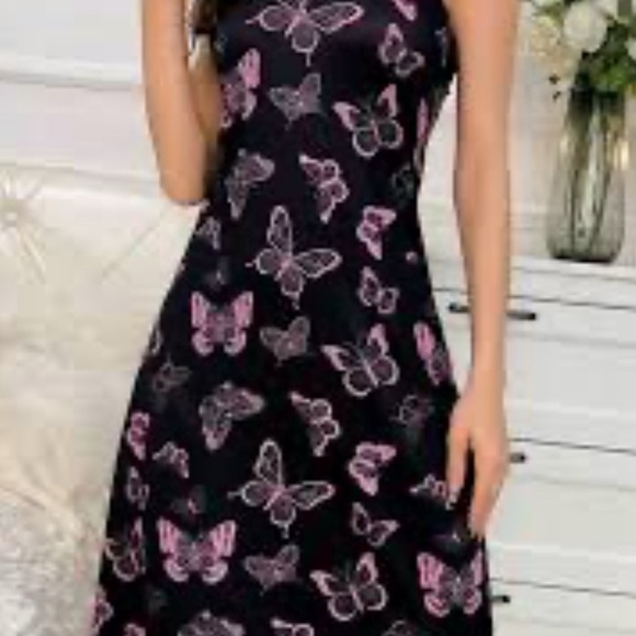 Shein Elegant Black Dress with Pink Butterfly Design - Picture 2 of 5